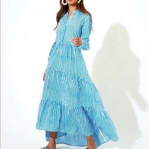 Oliphant Mandarin Maxi Dress in Playa Mini Blue Stripe, Size XS